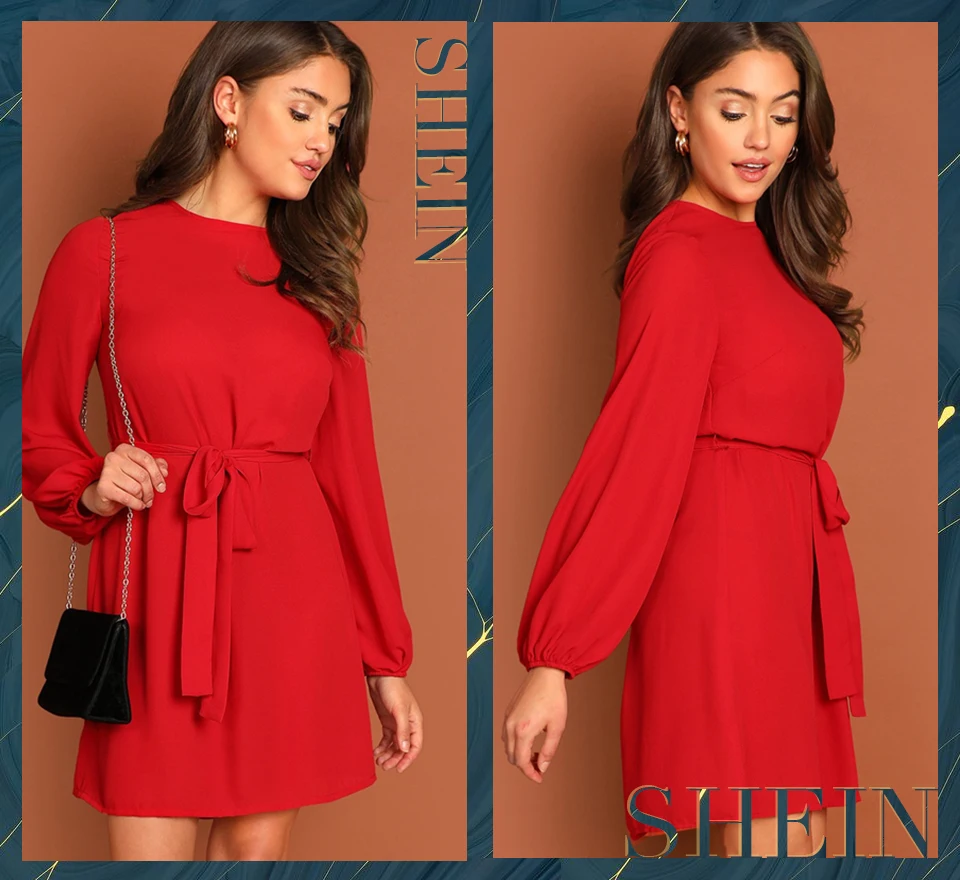 SHEIN Однотонное Платье С Поясом Женское Платье Повседневные Осенние Платья