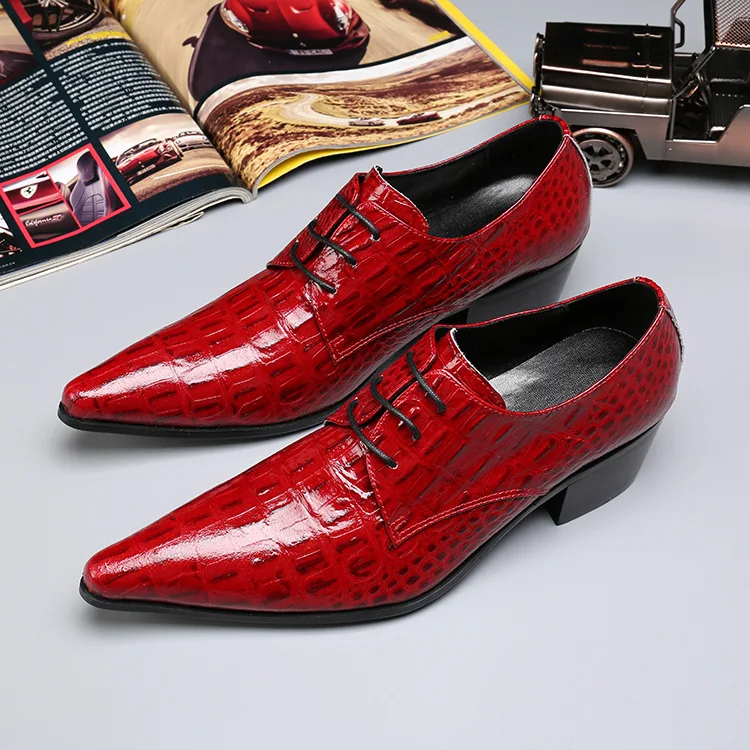 

Pointer Increased Hair Stylist Red Men's Leather Shoes Wedding Shoes Hairdresser Lacing High-heeled Men's Shoes Tide Shoes