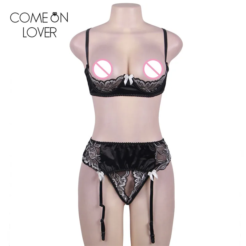 Comeonlover, открытый бюст, сексуальное нижнее белье, комплект с бюстгальтером, регулируемый, черного размера плюс, комплекты нижнего белья с поясом, половина чашки, подвязки, набор бюстгальтеров RL80319