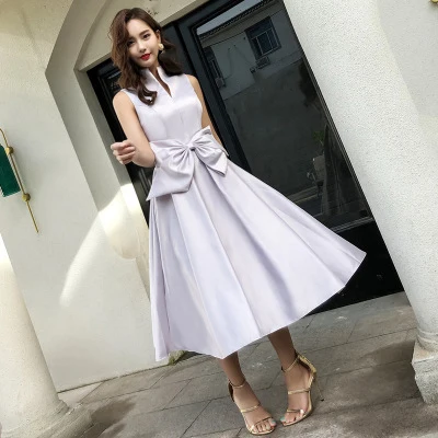 Silvery gray Вечерние женские платья в Корейском стиле с бантом, элегантные тонкие платья цвета шампанского без рукавов, летние сексуальные модные шикарные платья размера плюс 3XL, Vestido JD78 - Цвет: Silvery gray