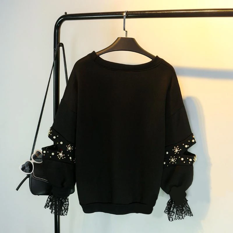 MUMUZI Large size 3XL women's black long-sleeved sweatshirts lace stitching large loose beading jackets style tops | Женская одежда