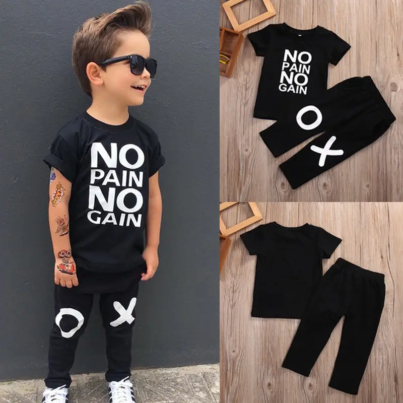 Citgeett Toddler Kids Baby Boys Short Sleeves Black XO Summer Casual Clothes T-shirt Tops+Pants Outfits Letter Fashion Set | Детская