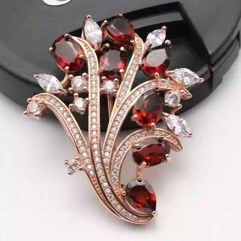 Natural red garnet brooch S925 silver gemstone Pendant trendy Elegant flowers women party fine jewelry | Украшения и аксессуары