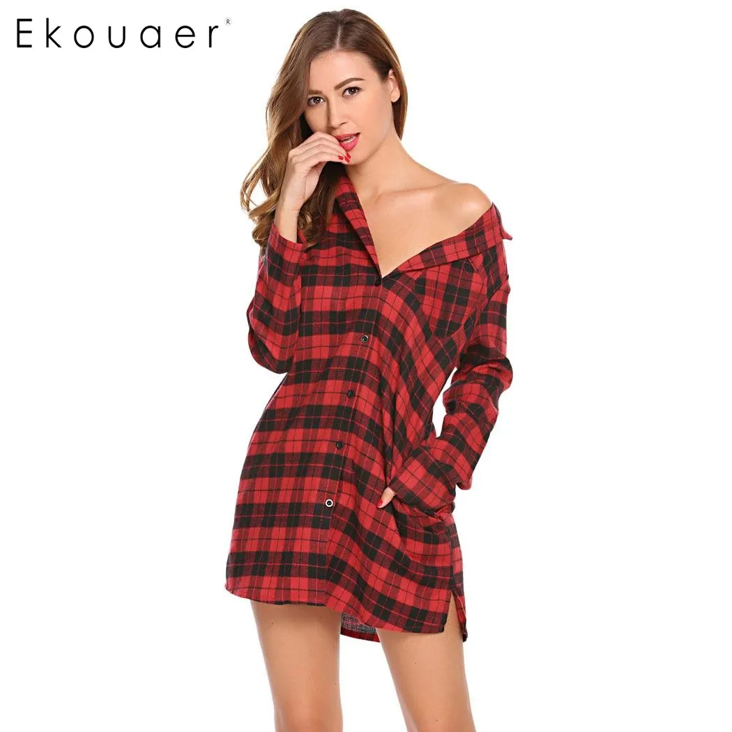 Женская ночная рубашка с длинным рукавом Ekouaer клетчатая Ночная на пуговицах для