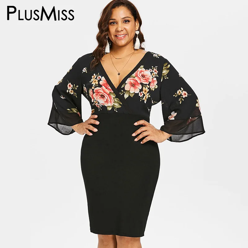 PlusMiss размера плюс 5XL шифон колокол с расклешенными рукавами Платье футляр черный