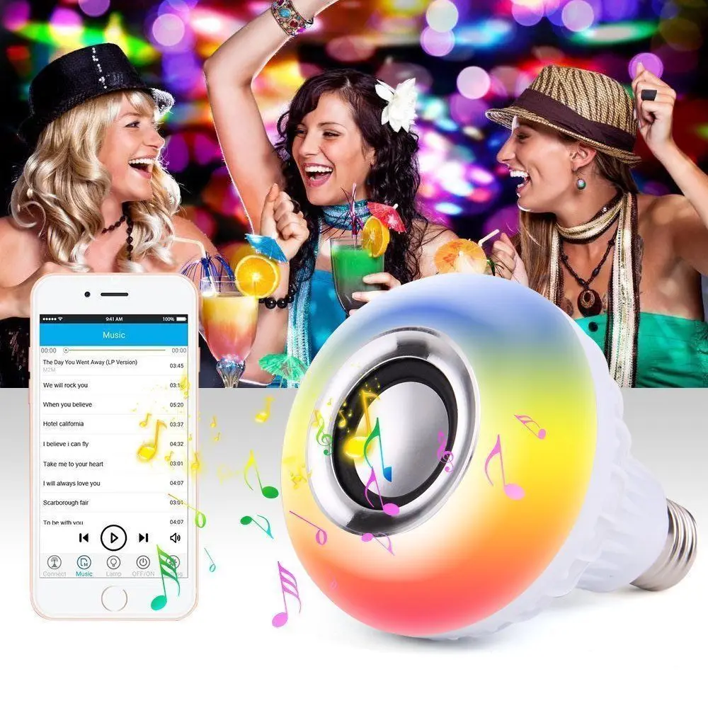 12 Вт цветная (RGB) светодиодных лампочек E27 Беспроводной Bluetooth Динамик умный