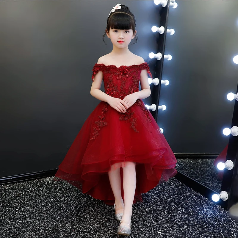 

KICCOLY New Elegant Girl Red Lace Dress Shoulderless First Communion Dress Baby Girl Formal Wedding Dress Flower Girl Gown