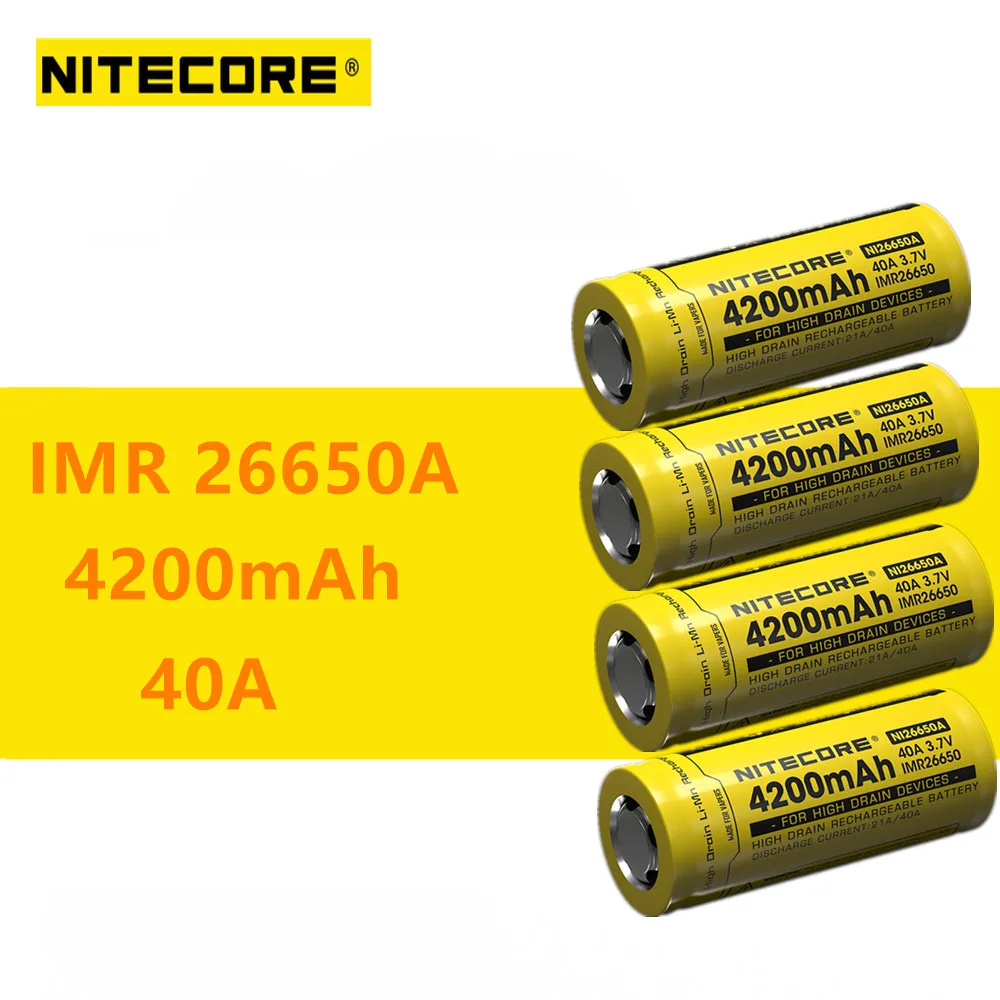 4 шт. Nitecore IMR26650A IMR 26650A 4200 мАч 40A аккумулятор с высокой разрядкой идеально подходит