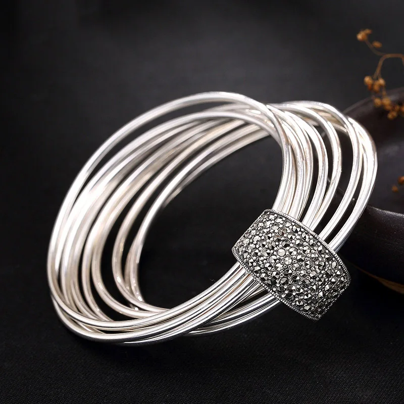 

Luxury 925 Sterling Silver Bangle Vintage 9 Cirlces Bangles For Women Accessories AAA Zircon Bracelet Bangle Bijoux Fine Jewelry