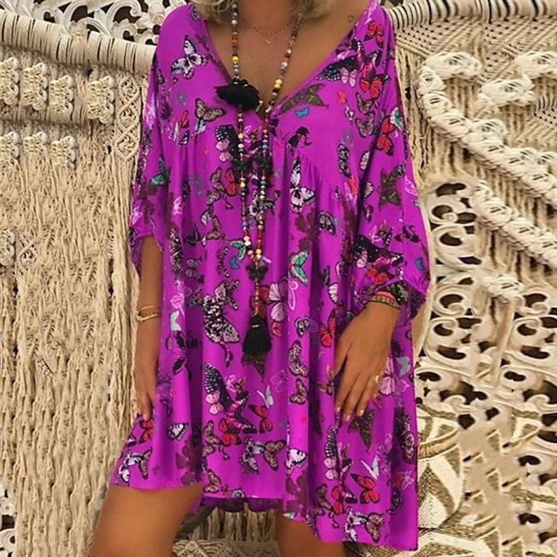 Летние платья Boho свободные v-образным вырезом с принтом Vestidos длинным рукавом