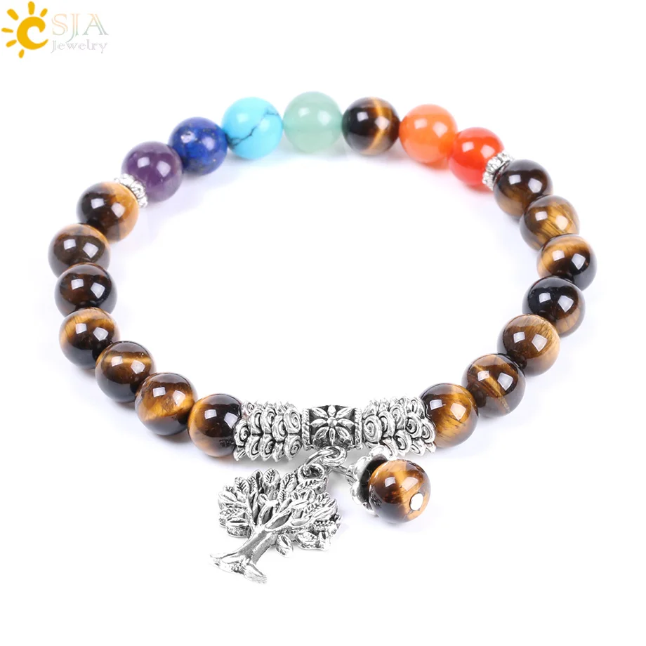 

CSJA Tiger Eye Bracelet Men Natural Stone Beads 7 Chakra Elasticity Rope Bangles Antique Silver Color Tree of Life Jewelry F125