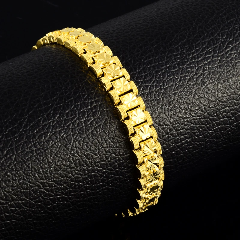 pure Gold Color women's Bracelets &amp Bangles 24k GP 8mm width Strap shape bracelet 18.5cm fashion Luxury Women Wedding Jewelry |