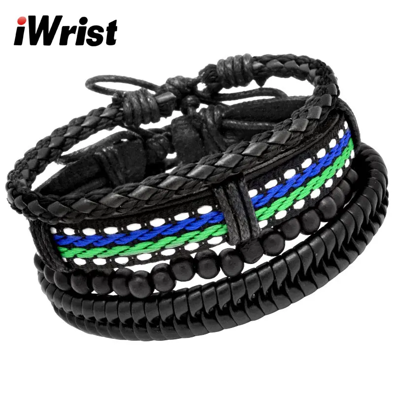 IWrist Регулируемый мужской черный винтажный Многослойный кожаный браслет с