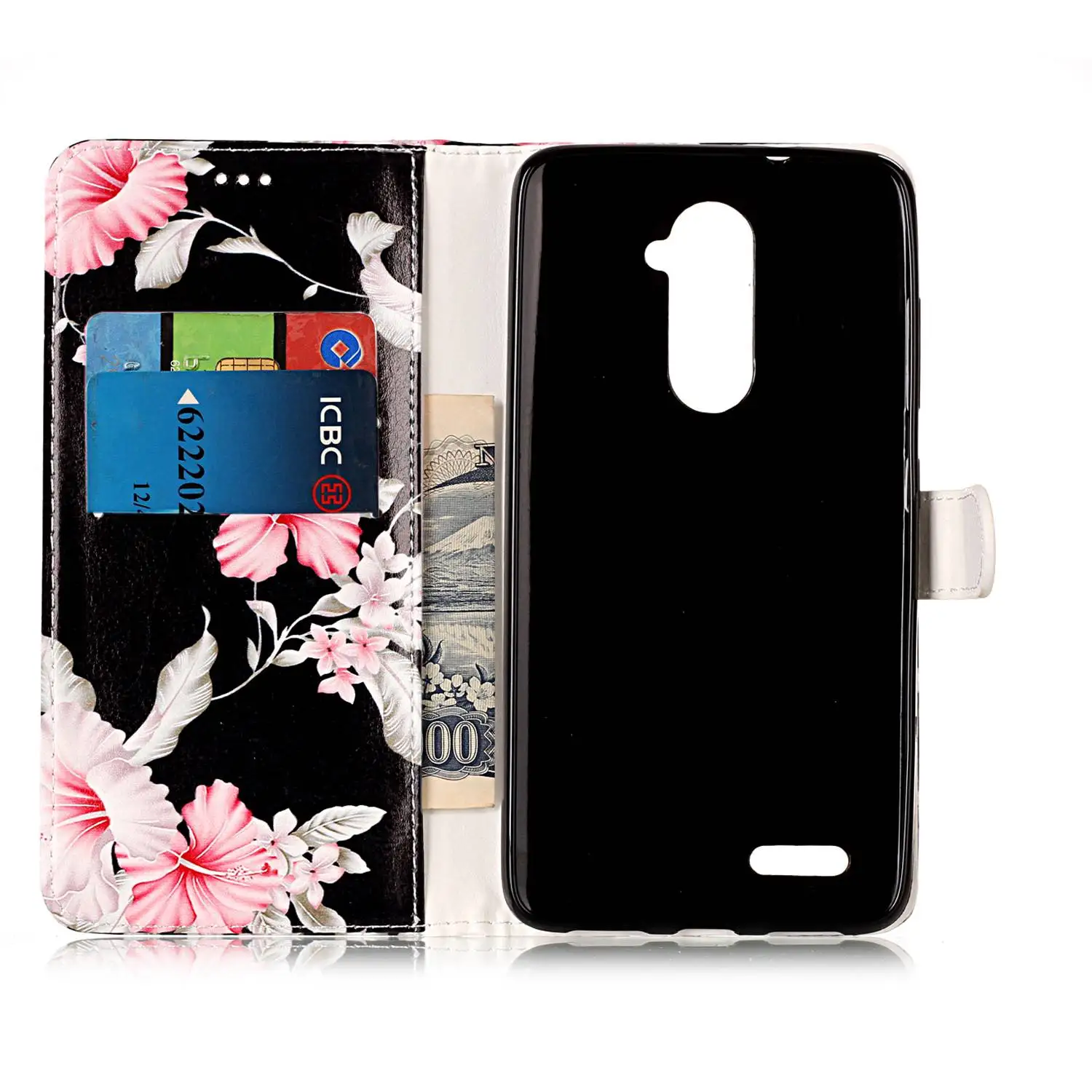 Flowers are printed in black Genuine leather magnet turnover card PU case for ZTE | Мобильные телефоны и аксессуары