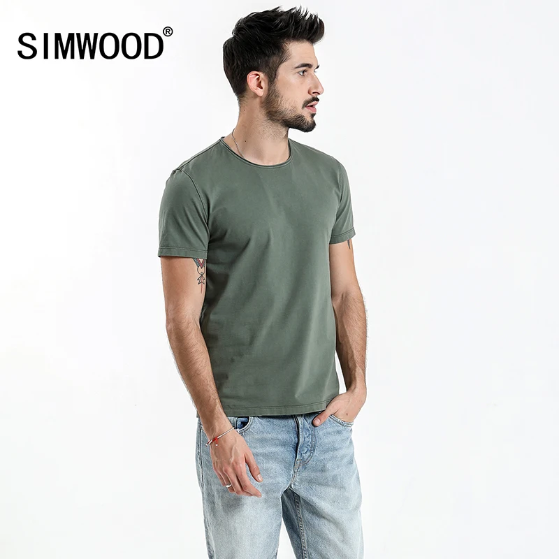 SIMWOOD Лето 2019 г. Новый необработанный вырез лодочкой футболка для мужчин Slim Fit