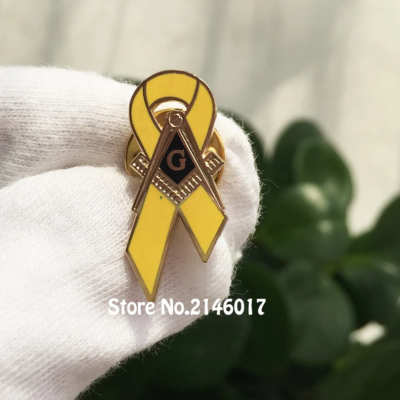 100pcs Custom Pins Badge Masonic Yellow Lapel Pin Master Mason Square Compass G Awareness of Breast Cancer Enamel Brooch Ribbon