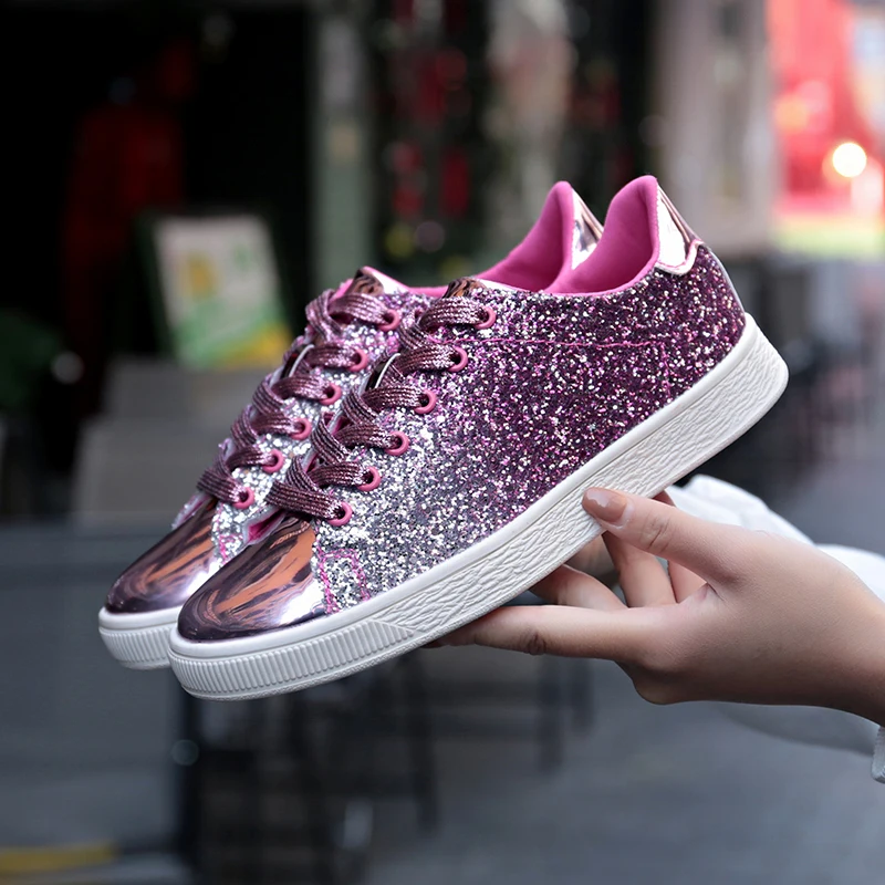 

YEELOCA Womens Vulcanized Shoes Sequins Rivet Glitter Round Toe Lace-Up Shoes Outdoor Skateboard Shiny Sneakers Womens Shoes