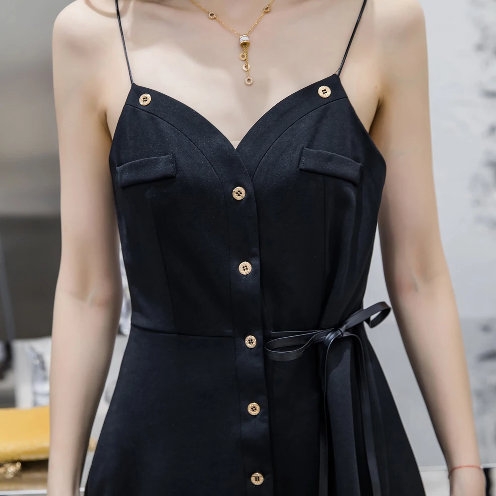 

Women Dress Vintage Button Shirt V Neck Sleeveless Straps Short Summer Wear Casual Korean Vestidos 2019 Festa Sexy Lady Dresses