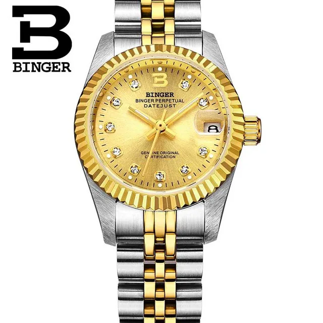 Gold Women Швейцарские BINGER женские часы люксовый бренд женские Автоматические механические часы женские сапфировые водонепроницаемые relogio feminino - Цвет: Gold Women
