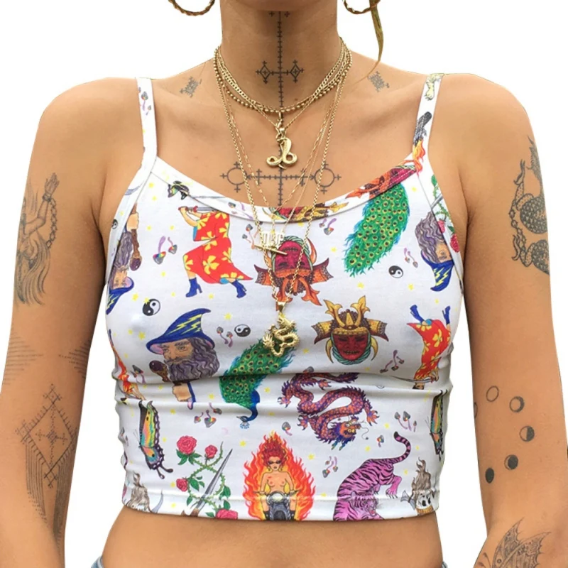 

2019 Hot Women Summer Sexy Tank Vest Crop Top Sleeveless Cartoon Print Cotton Clubwear Vest Off Shoulder Camisole New Arrival