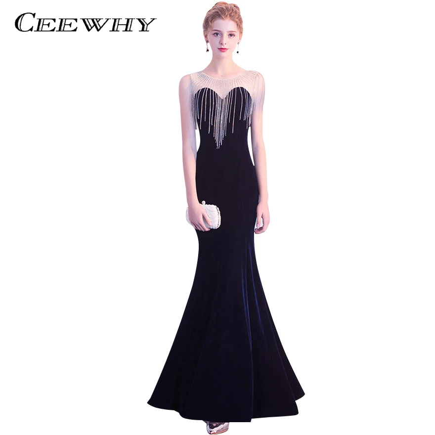 CEEWHY Navy Blue Velour Vestido de Festa Avondjurk Crystal Evening Dress Long Prom Formal Gowns Mermaid | Свадьбы и торжества