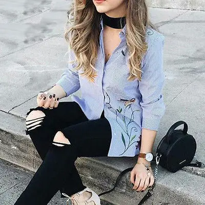 Модная женская блузка с вышивкой Свободная длинным рукавом Лето 2017 Повседневная