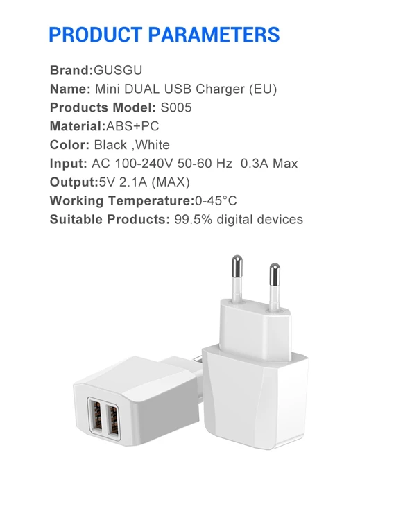 GUSGU зарядное устройство для телефона для iPhone iPad samsung Dual USB зарядное устройство для Xiaomi huawei 5 В/2.1A ЕС Путешествия настенное зарядное устройство s Быстрая зарядка