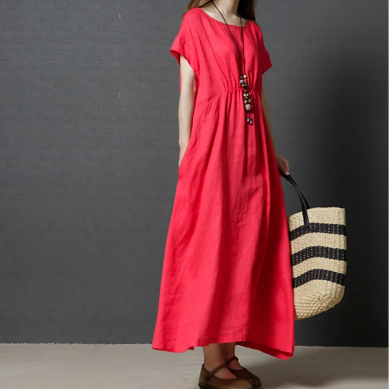Женское длинное платье из хлопка и льна повседневное Однотонное Платье макси с