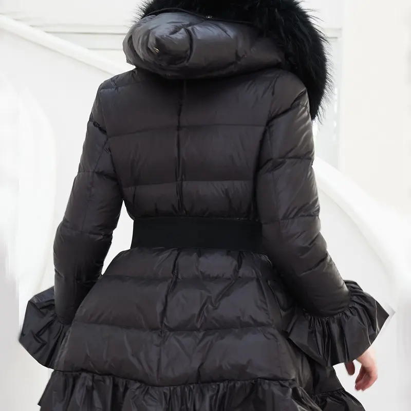 

Women's fashion down jacket hooded elegant ruffles sashes waisted A-Line loose down coat hooded raccoon hair collar down jacket