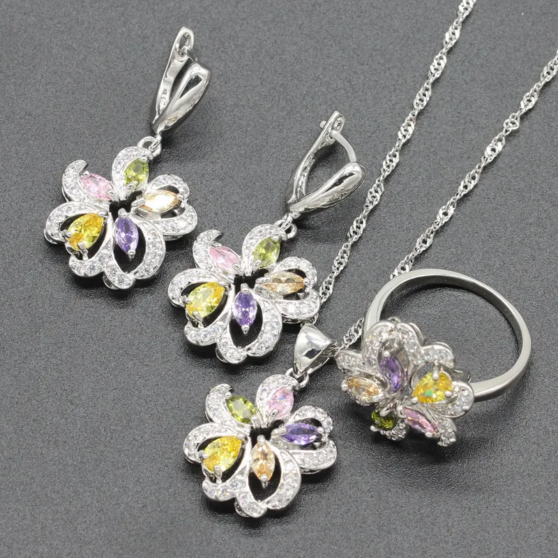 925 Silver Wedding Jewelry Sets Flower Shape 3 colors For Women Dangle Earrings Necklace Pendant Ring 2018 Trendy | Украшения и