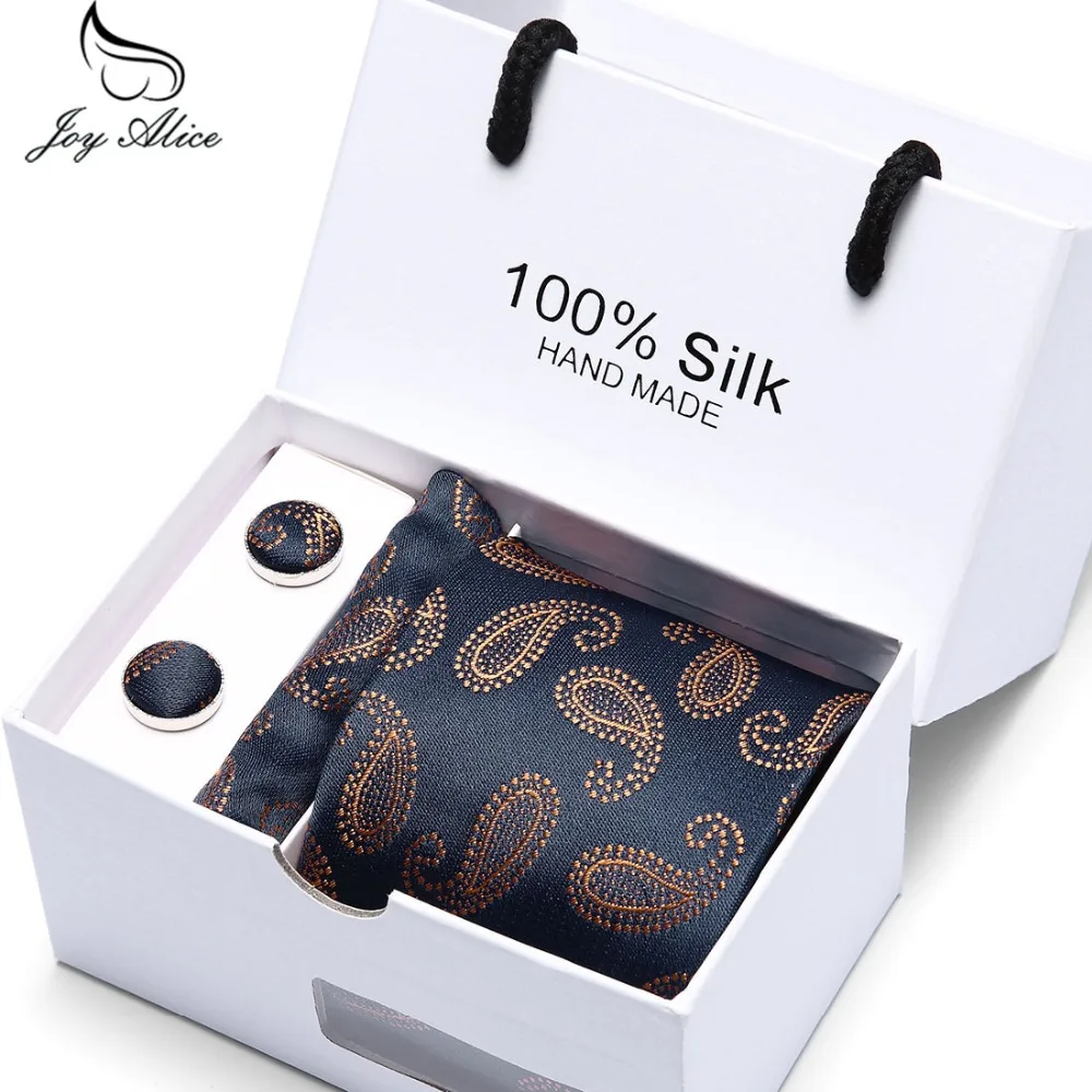 

Joy Alice Wedding men neck ties gift box packing men brand luxury necktie pocket square silk tie set cufflinks handkerchief