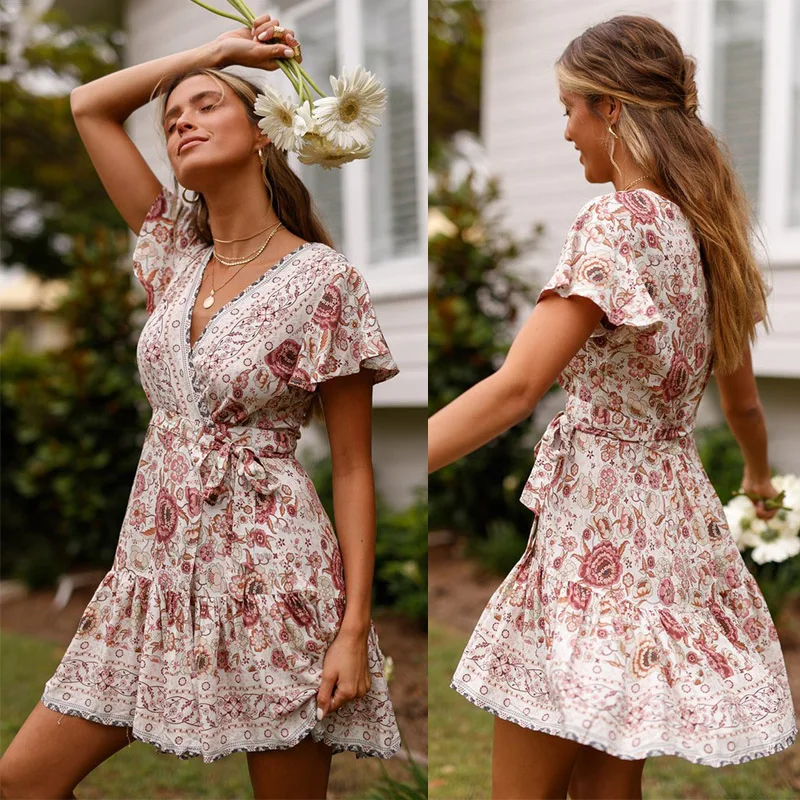 

Spring Summer New Sexy Women Dress Elegant Boho V-neck Dresses Beach Casual Dresses For Women Vacation Style Pleated Dress Women