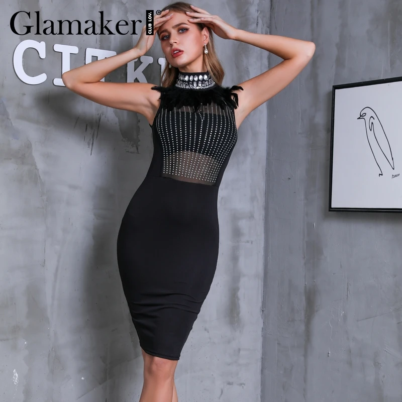 Glamaker лоскутное бриллианты перо сетки сексуальное платье для женщин Лето без