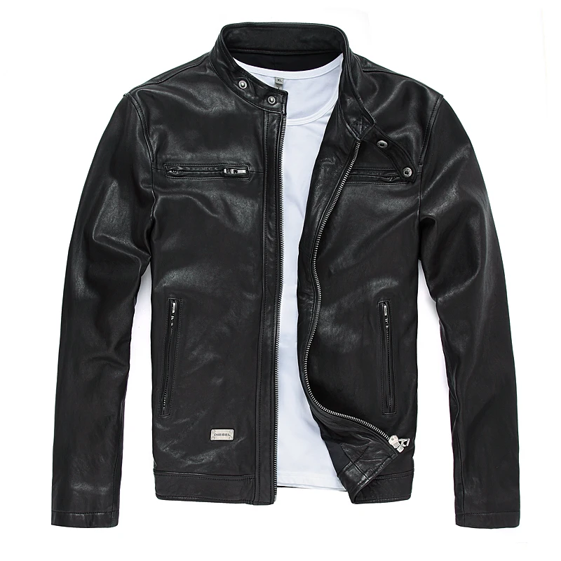 

New Men Leather Jacket Genuine Real Sheep Goat Skin Brand Black Male Bomber Motorcycle Biker Mans Coat Male Stand Collar