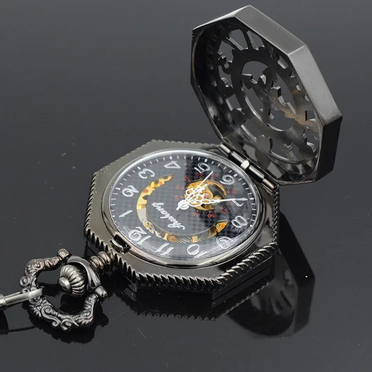 United Kingdom Bat Hexagon Skeleton Watches Steampunk Pocket Watch Antique Black Half Hunter Mechanical | Наручные часы