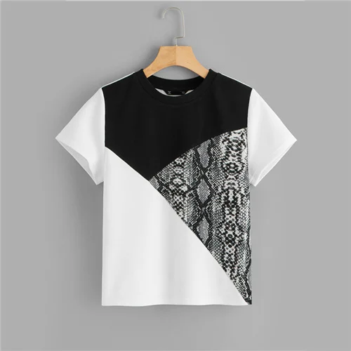 Black and White ROMWE футболка с коротким рукавом и вырезами,, черно-белая футболка с коротким рукавом, женская летняя футболка со змеиным принтом и круглым вырезом - Цвет: Black and White