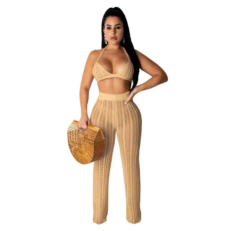 Hollow Out Knitted Fishnet 2 Piece Set Women Halter Backless Crop Tops + High Waist Transparent Wide Leg Pants Summer Tracksuit |