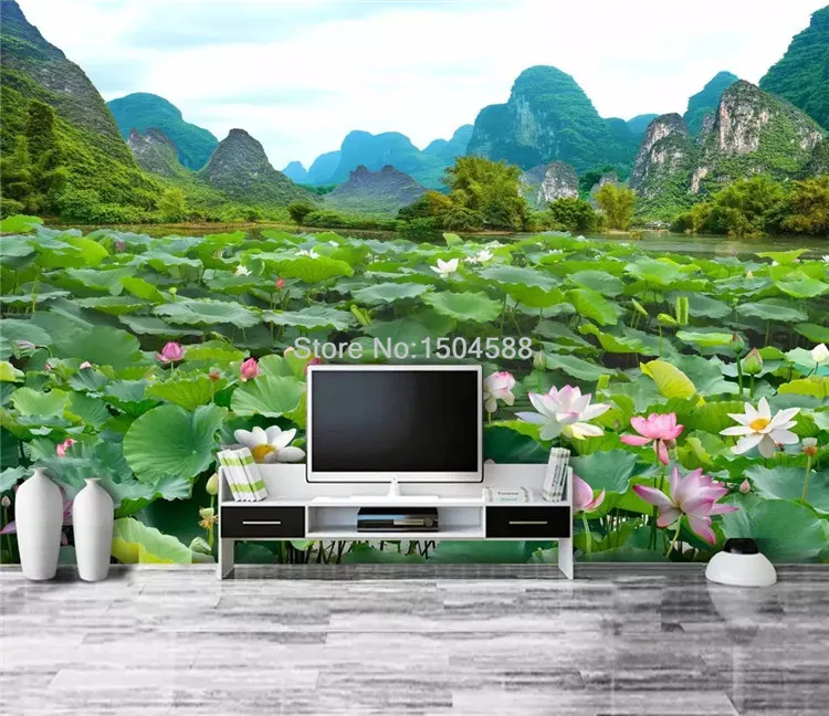 Custom Any Size Murals Wallpaper 3D Beautiful Mountains And Rivers Lotus Pond Landscape Photo Wall Painting Living Room 3D Decor