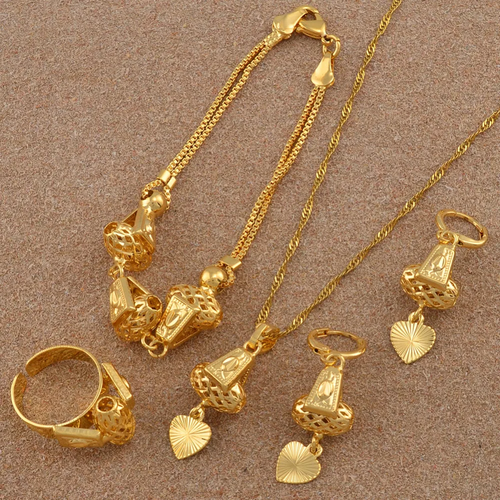 Anniyo Heart Jewelry set Necklace &amp Pendant Bracelet Earrings Ring Gold Color Chain Women Romantic Gift African Arab #053806 | Украшения