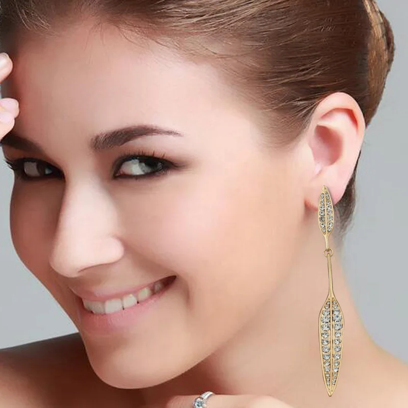Модные длинные висячие серьги hyperbole Стразы с листьями для женщин и девушек
