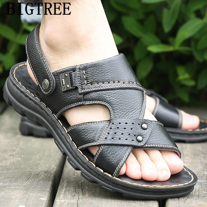 Пляжные сандалии мужские из натуральной кожи Летняя мужская обувь + hombre sepatu pria heren