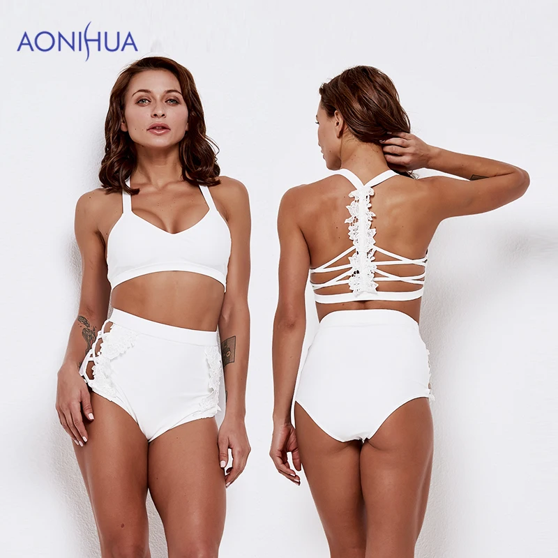 

AONIHUA однотонные Цвет Плавание ming костюм для Для женщин из двух частей с высокой талией, треугольный боди пляж дозирования костюм Плавание од...