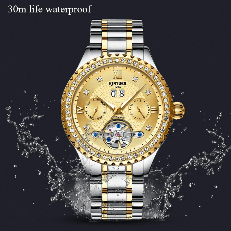 KINYUED платье Скелет Мужские часы Топ бренд Роскошные автоматические механические