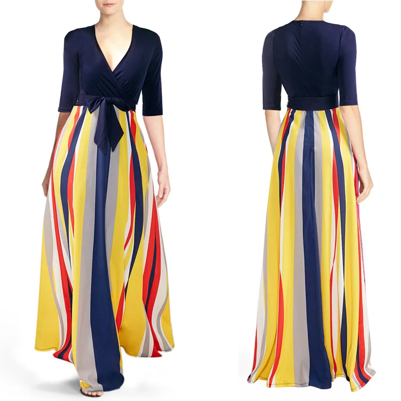 Женское платье с V образным вырезом Элегантное Длинное Платье в полоску одежда