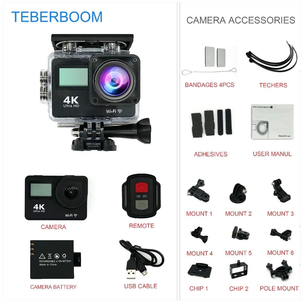 TEBERBOOM S4R двойной экран экшн камеры 4 K Ultra HD 1080 P/30FPS мини шлем Cam Wi Fi 2 0 170D