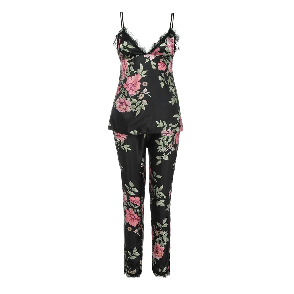 Длинная женская пижама из сатина с принтом кружевной топ со штанами зимняя