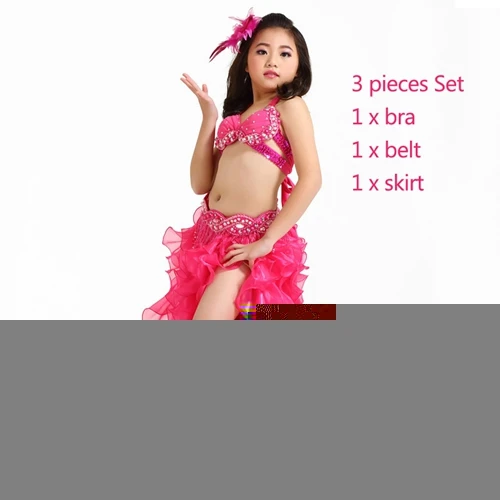 Fuchsia bra belt ski Детская Одежда для танцев живота, 3 предмета, Восточный Костюм, бюстгальтер, пояс, юбка для девочек, костюм для танца живота, профессиональный комплект - Цвет: Fuchsia bra belt ski