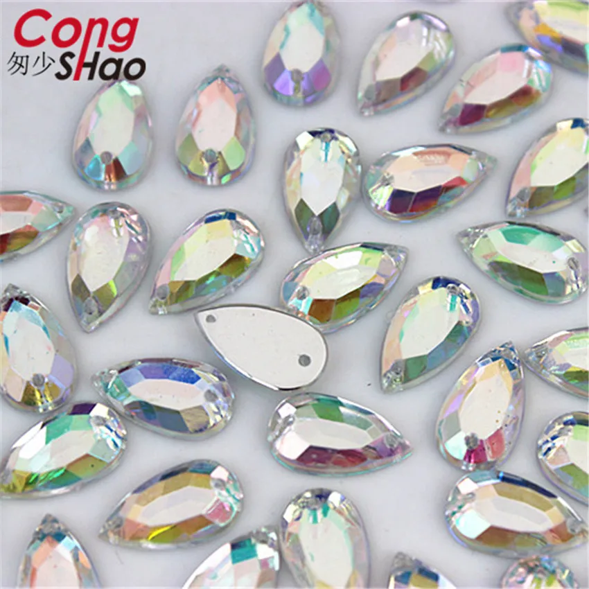 Cong Shao 100Pcs Gold Color Clear AB Drop Acrylic flatback Rhinestone stones and crystals sewing 2 Hole DIY Garment Button WC220 | Дом и сад