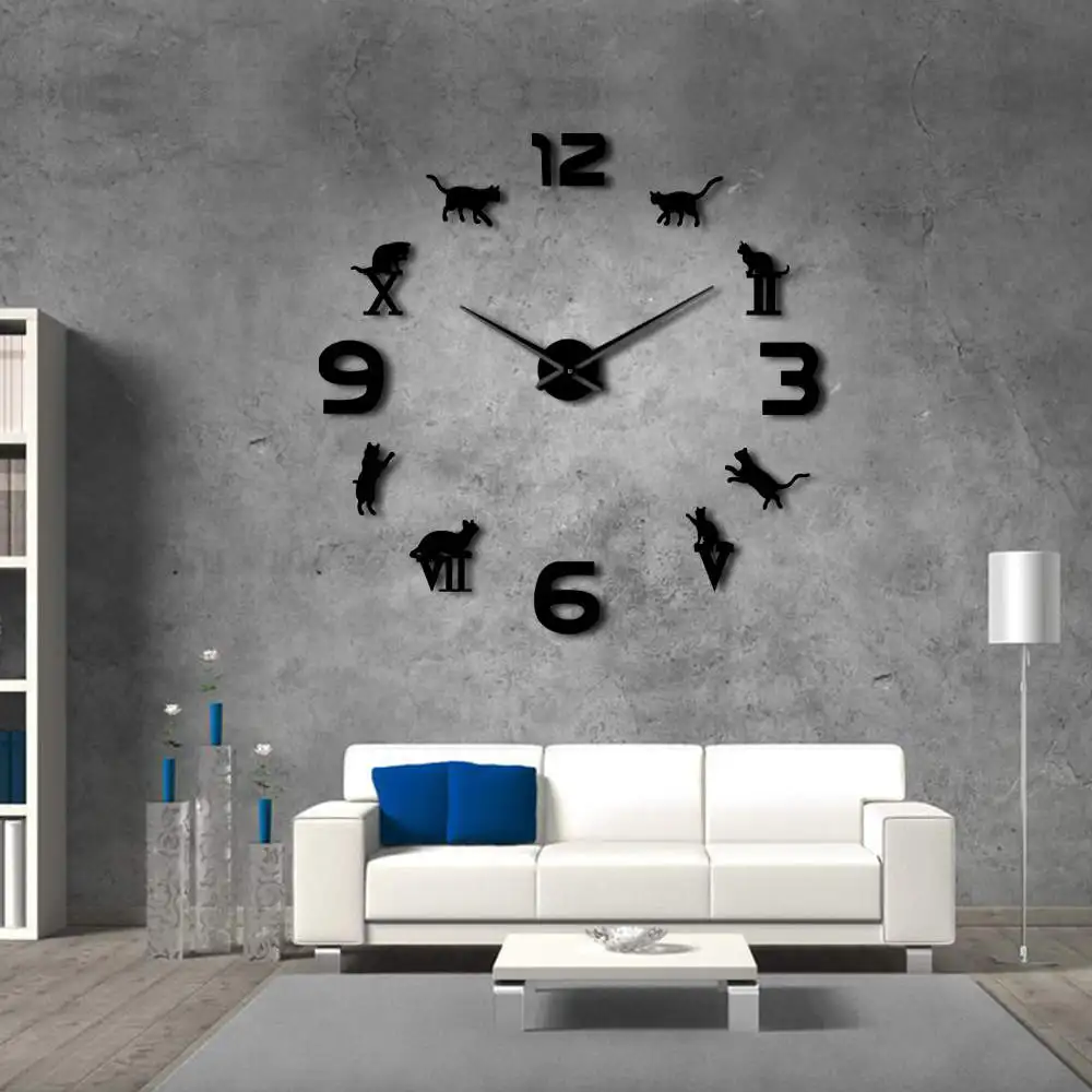 Римские арабские цифры смешанные DIY большие настенные часы Kitty Cat Silhouette Wall Art Giant Mute