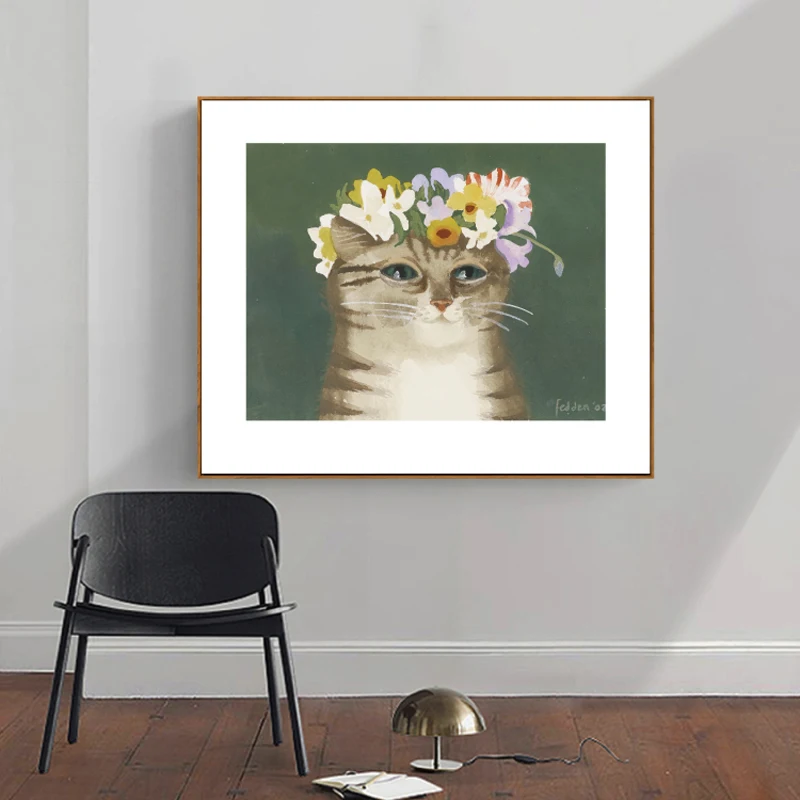Картина на стену в скандинавском стиле с изображением кошки и цветов|Рисование